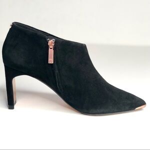Ted Baker Leiyla black suede ankle booties pointy toe copper rose gold hardware
